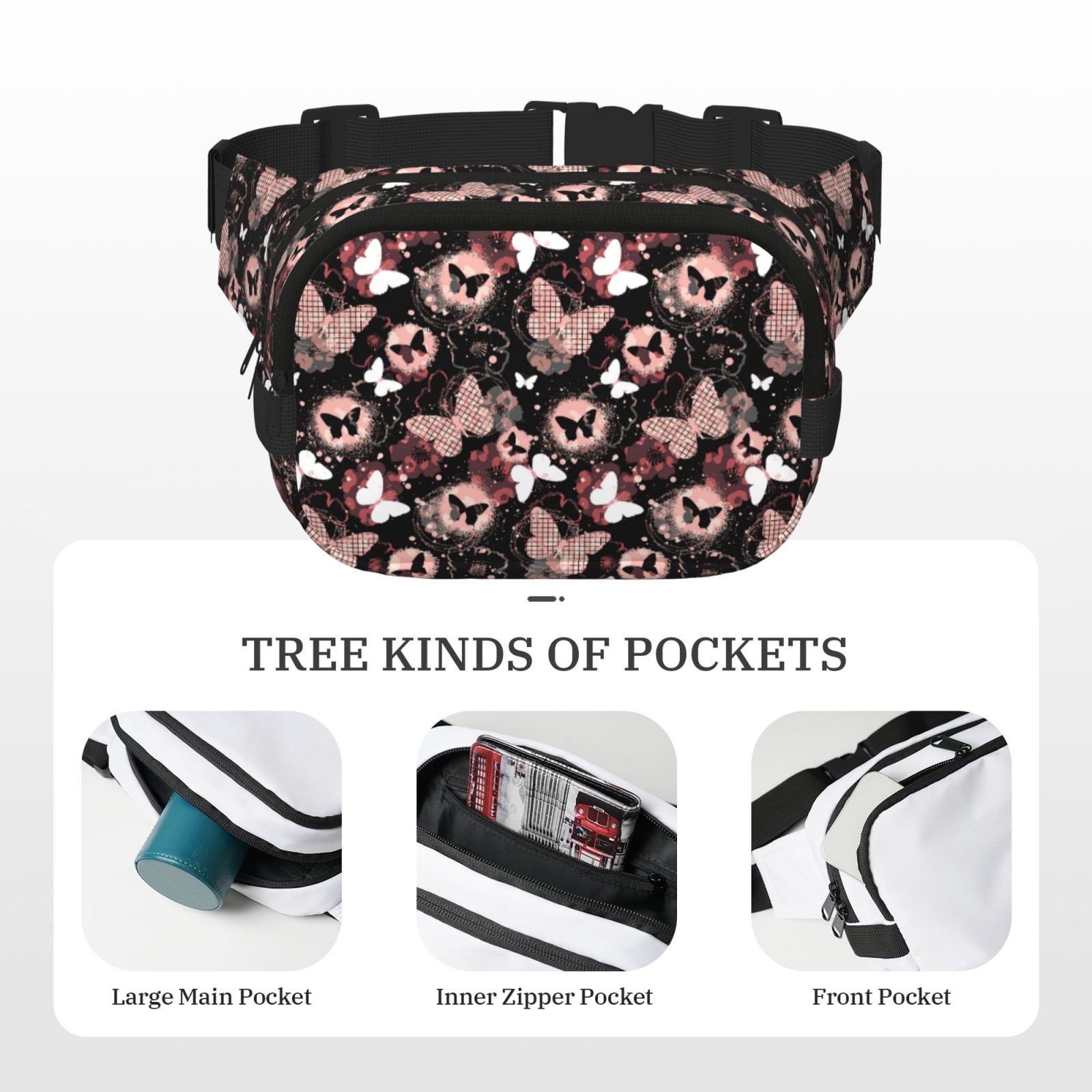 Picia Butterflies1 Print Square Double-Layer Waist Bag Mini Adjustable Waist Belt Bag Exercise Running Travel Hiking