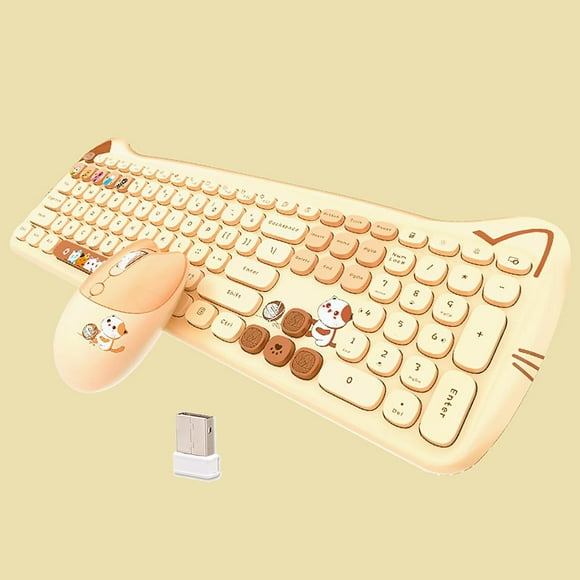 ERDS-Cute Cat 2.4G USB Wireless Keyboard and Mouse Combo, Silent Keys, Candy Colors, Compatible with Notebook, PC (MilkTea-110Keys)