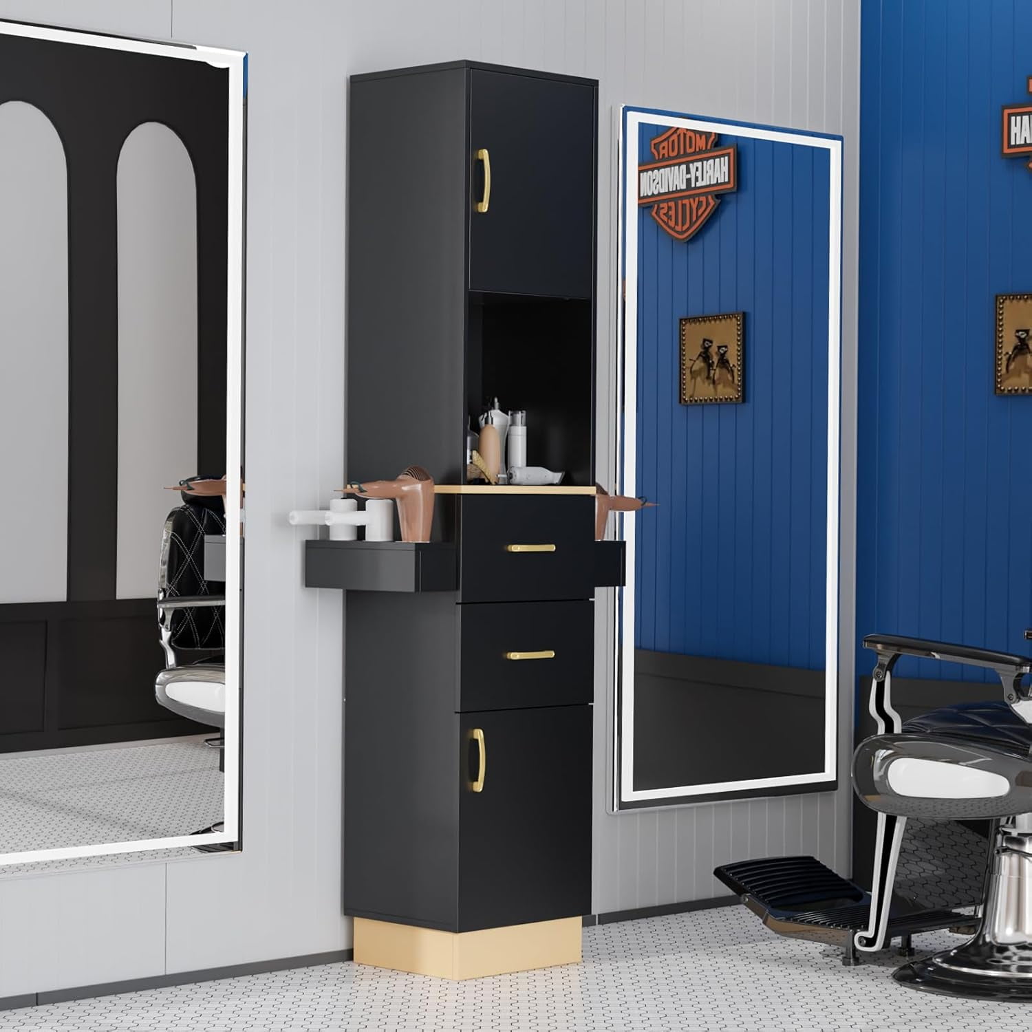 Katxon Salon Storage Station with 2 Storage Cabinet, 2 Drawers, Black