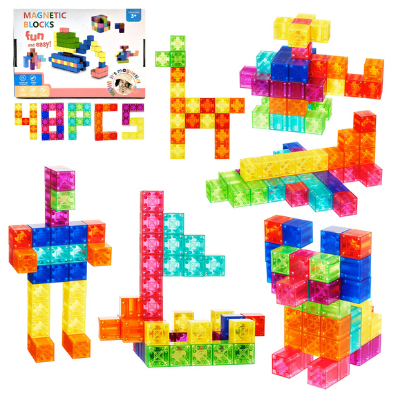 HOLARAY 48-Piece Transparent Magnetic Cubes, Sensory Toys for Kids 3