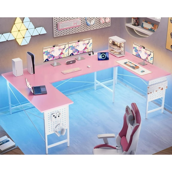 71 Inch Large Computer Desk with Power Outlets,U Shaped Corner Desk for Home Office Work and Gaming Pink