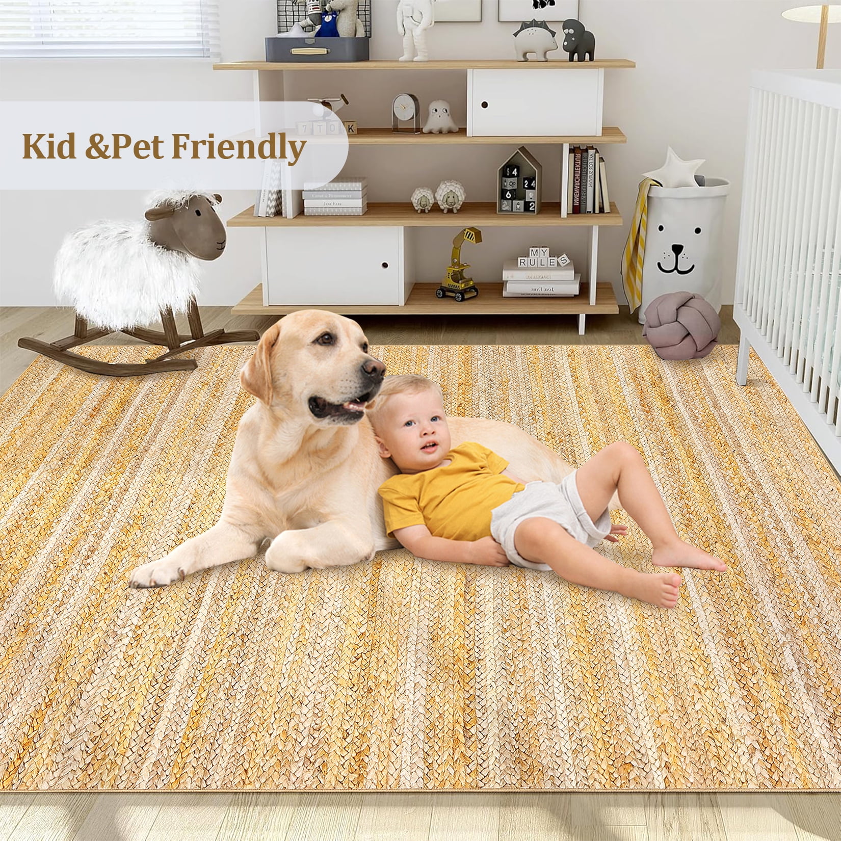 FairOnly 8'x10' Yellow Machine Washable Living Room Area Rugs Modern Braided Print Non Slip Rugs for Bedroom Home Office Rug Indoor Floor Carpet