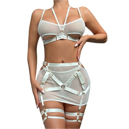 Odeerbi Garter Set Lingerie for Women Sexy 5 Sets 2025 Fashion Heavy Industry Belt Stitching Waist Two Wear Suit Underwear White