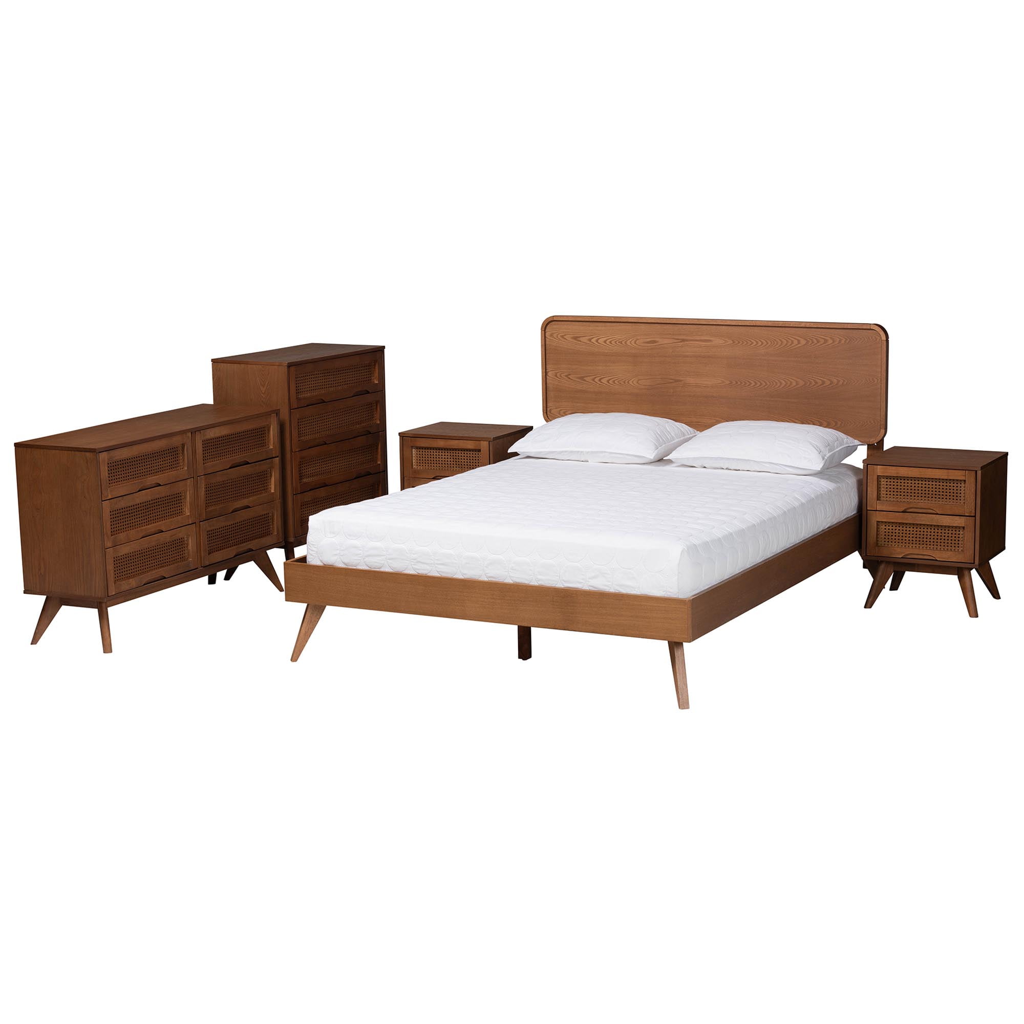 Baxton Studio Demeter Mid-Century Bedroom Set, 5-Piece, Walnut Brown