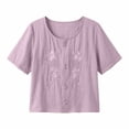 thumbnail image 6 of QUNYINEY Solid Trendy Tops for Women 2026 Short Sleeve Summer Cotton Linen T Shirts Button Pullover Embroidered Loose Fit Crew Neck Tops, 6 of 8