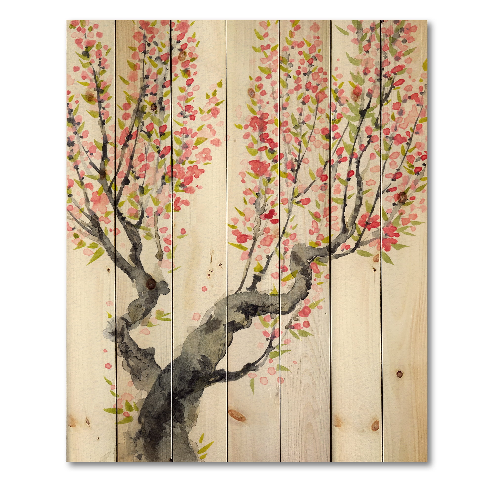 Designart 'Red Spring Flowers On Tree Branches' Traditional Print on Natural Pine Wood