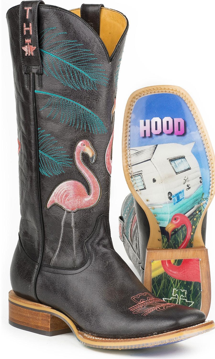 Tin Haul Tin Haul Trailerhood Flamingos Ladies Black Leather Cowboy