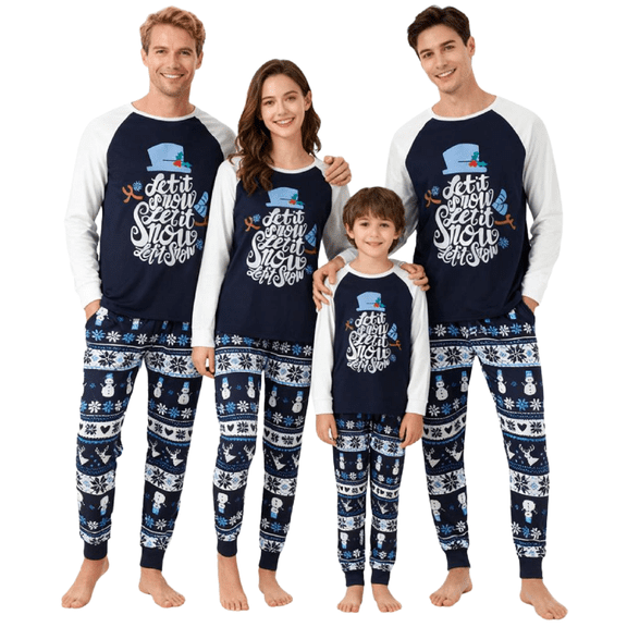Family Matching Christmas Pajamas Letter Print Long Sleeve Tops Snowflake Snowman Loungewear