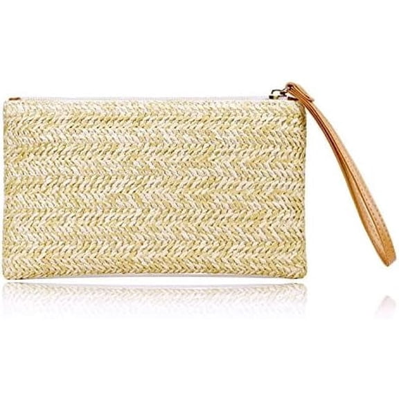 Womens Straw Clutch Bag Bohemian Summer Beach Straw Purse Zipper Wristlet Wallets for Women