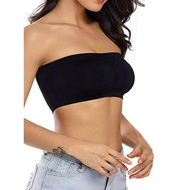Karuedoo Double Layers Plus Size Strapless Bra Bandeau Tube Removable  Padded Top Stretchy Seamless Bandeau Bra Tops Black L 