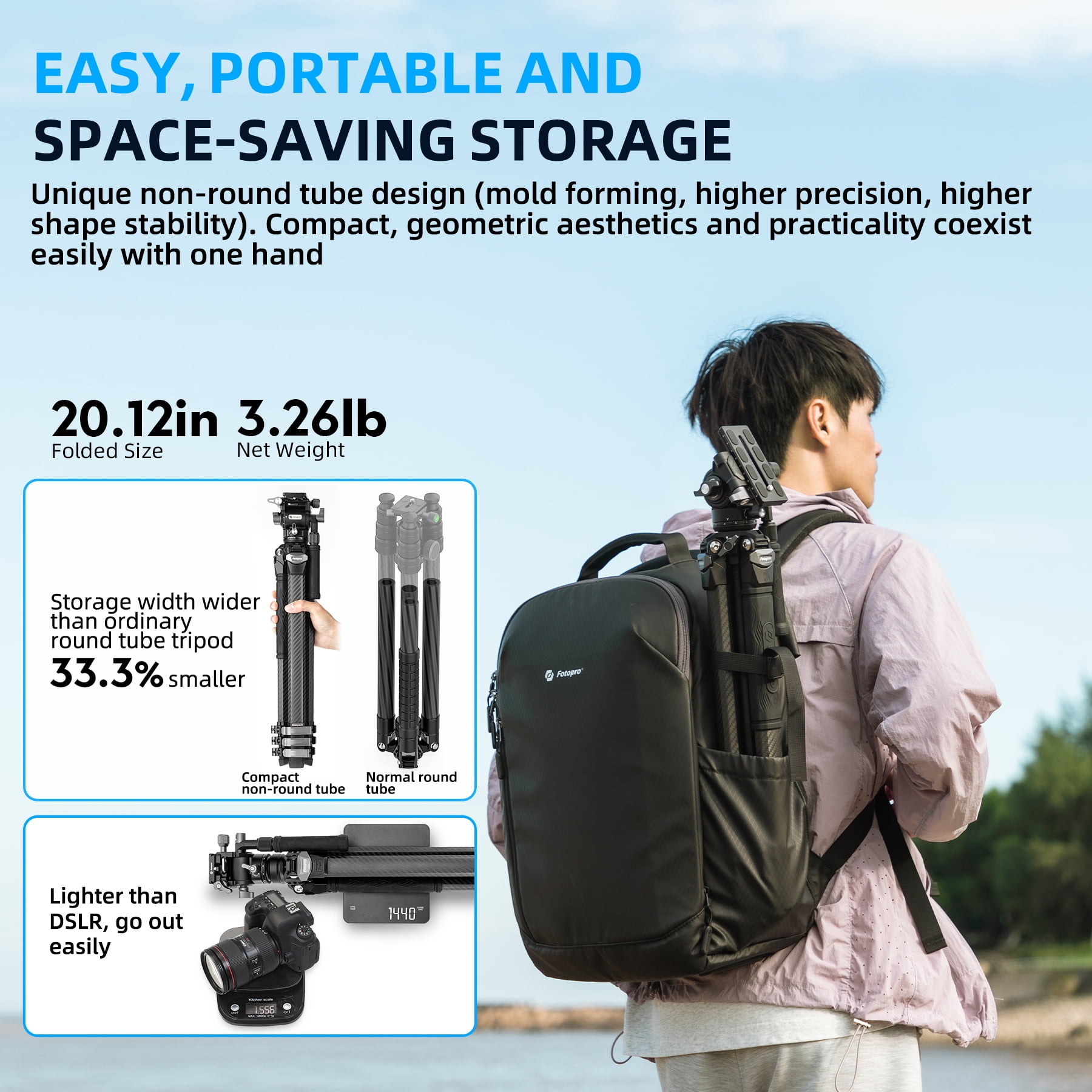 Fotopro Origin Video Tripod, Compact 60" Carbon Fiber Camera Tripod for Travel, Fluid Video Head with Quick Release Plate for SLR, Black