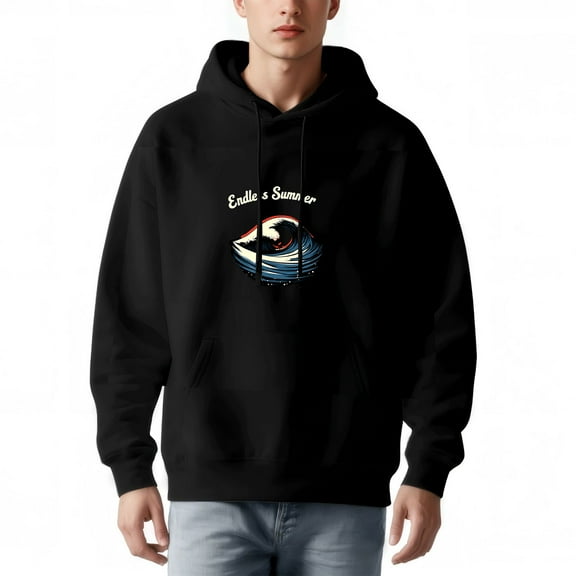 Men's Long Sleeve Hoodie Pullover with Pockets - Stylish Black Sweatshirt featuring ' Endless Summer ' Wave Graphic & Eye Design