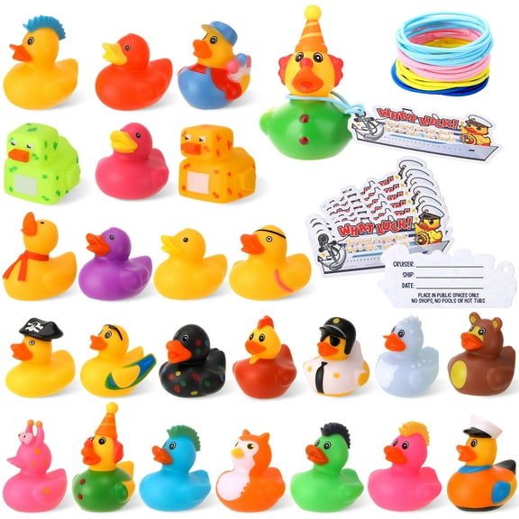 sixwipe 72 Pcs Rubber Ducks Bath Toys for Toddler, Rubber Ducks for Jeeper, 24 Assorted Cruise Rubber Ducks, 24 Cruise Tags, 24 Rubber Bands, Fun Carnival Cruise & Jeep Duck Game