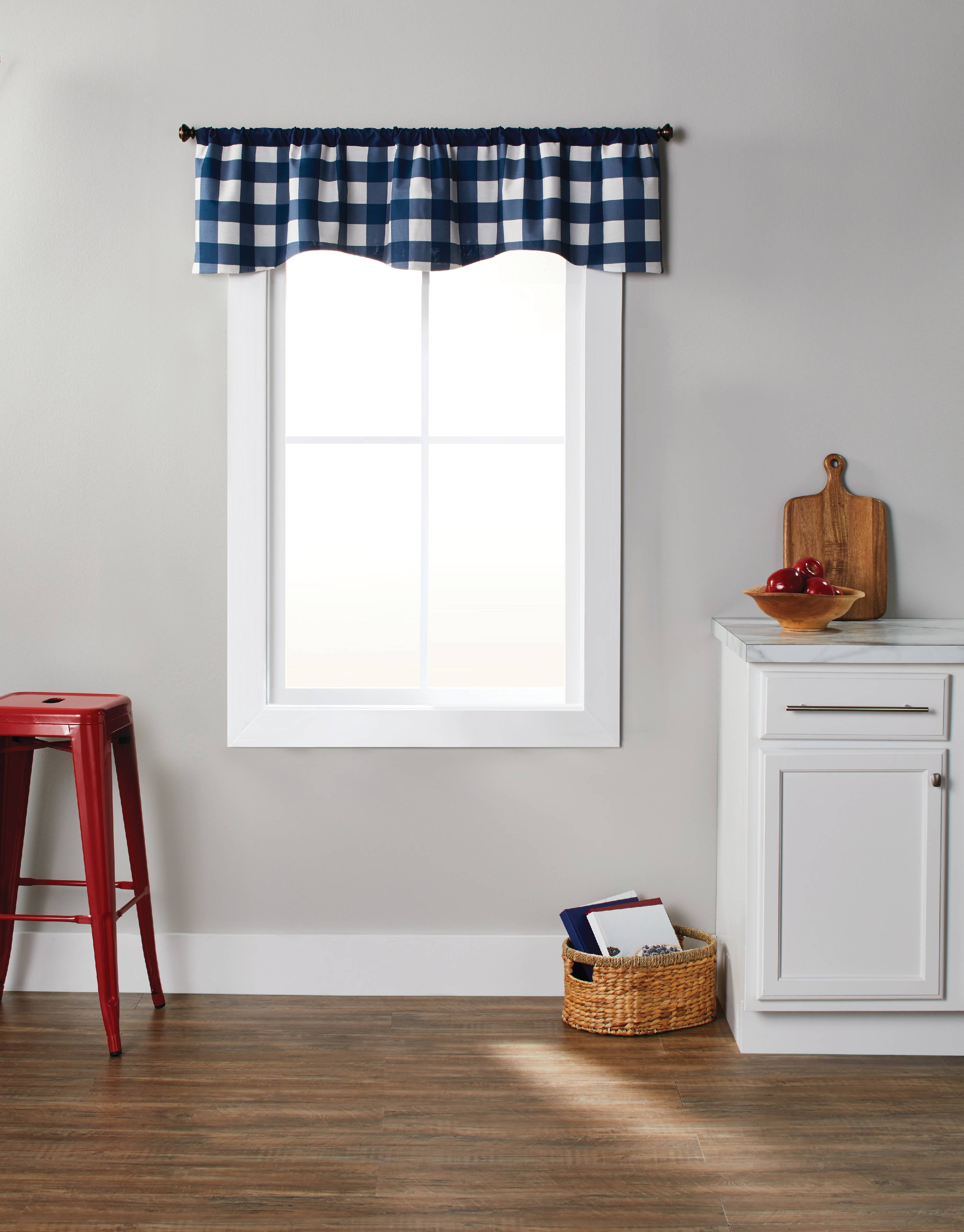 Better Homes & Gardens Checks N Solids Gingham Check Light Filtering Rod Pocket Kitchen Curtain Tier and Valance Set, 3 Piece, Blue, 60 x 36