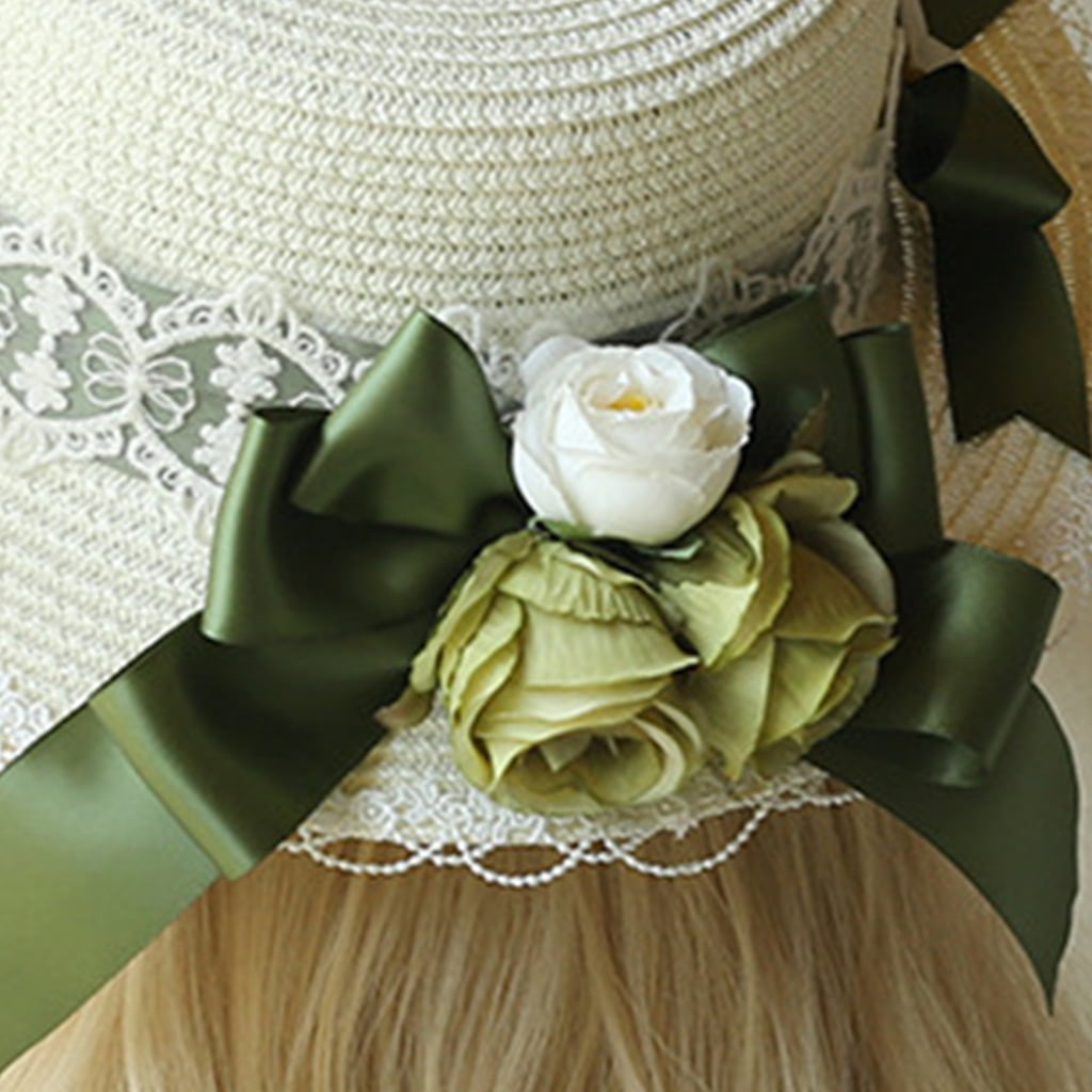 lanema Lace Flower Sun Protective Hat for Girls French-Style Bonnet Sweet WovenStraw Cap Wide Brimmed Hat Summer Headdress
