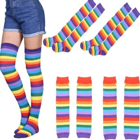 New Women Socks Thigh High Striped Slim Leg Stockings Rainbow Arm Hand Mitten Gloves