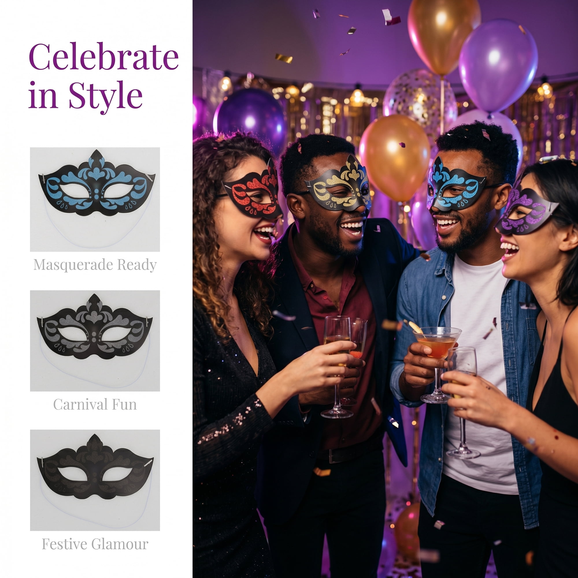 Unique Bargains 6-Pack Glitter Masquerade Mask Set for Party Style A Set 6.7" x 3.9"
