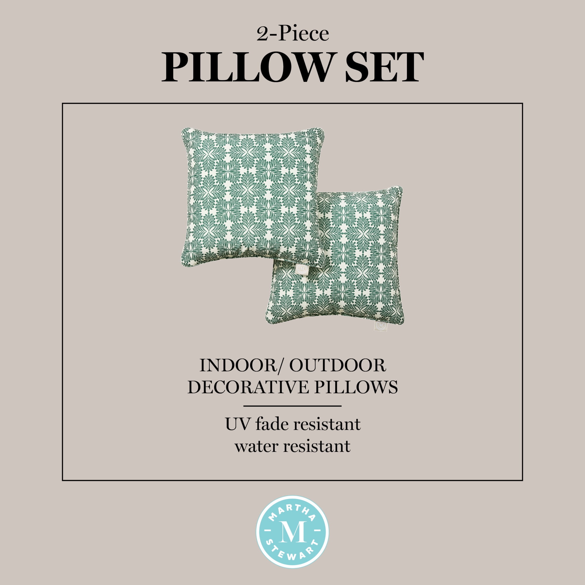 MARTHA STEWART Tulum Indoor Outdoor Decorative Pillow 2-Pack Set, UV Fade Resistant, Water Repellent, Printed Modern Design, Green, 18"x18"