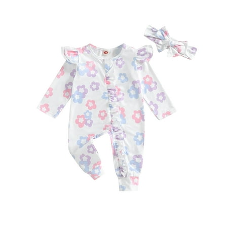 

Niceyoeuk Newborn Girl Fall Romper Floral Long Sleeves Zipper Jumpsuit Headband