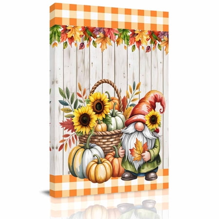 Canvas Wall Art Fall Gnomes Framed Canvas Prints for Kitchen Bedroom Thanksgiving Pumpkin Sunflower Maple Leaf Wood Small Gallery Wrapped Wall Decor for Home Office Gifts 8 x12 Ship Next Day