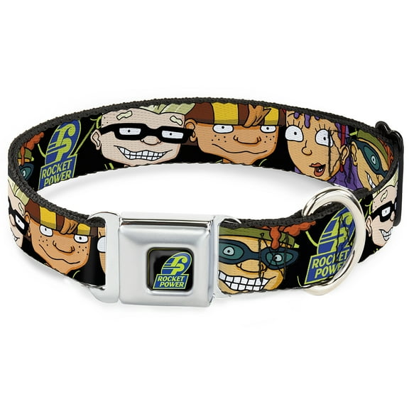 Nickelodeon Pet Collar, Dog Collar Metal Seatbelt Buckle, Rocket Power Logo Character Faces Close Up Black Green Blue, 9.5 to 13 Inches 1.0 Inch Wide