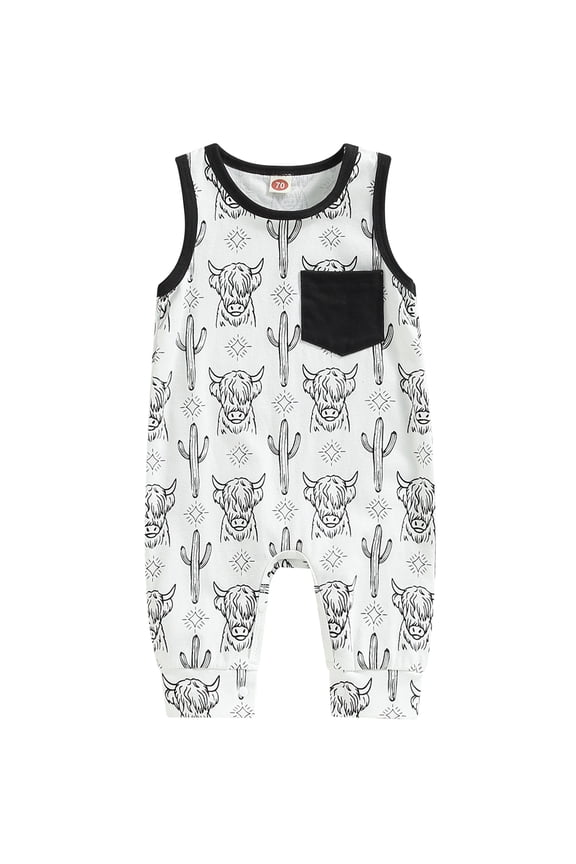 Infant Baby Girls Summer Romper Outfit Sleeveless Crew Neck Cow Print Footless Jumpsuits 0-18M