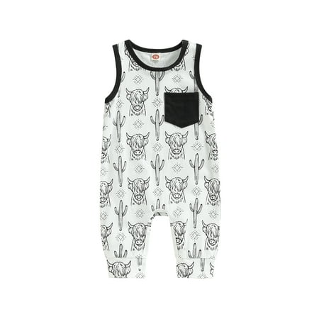 

Coduop Infant Baby Bodysuit Romper Sleeveless Round Neck Cow Print Footless Jumpsuit Playsuit