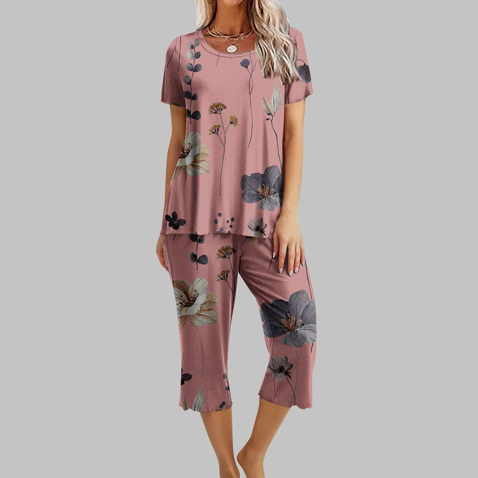 Tdoqot Pajamas for Women- Printed Soft Short Sleeve Top and Capri Pants ...