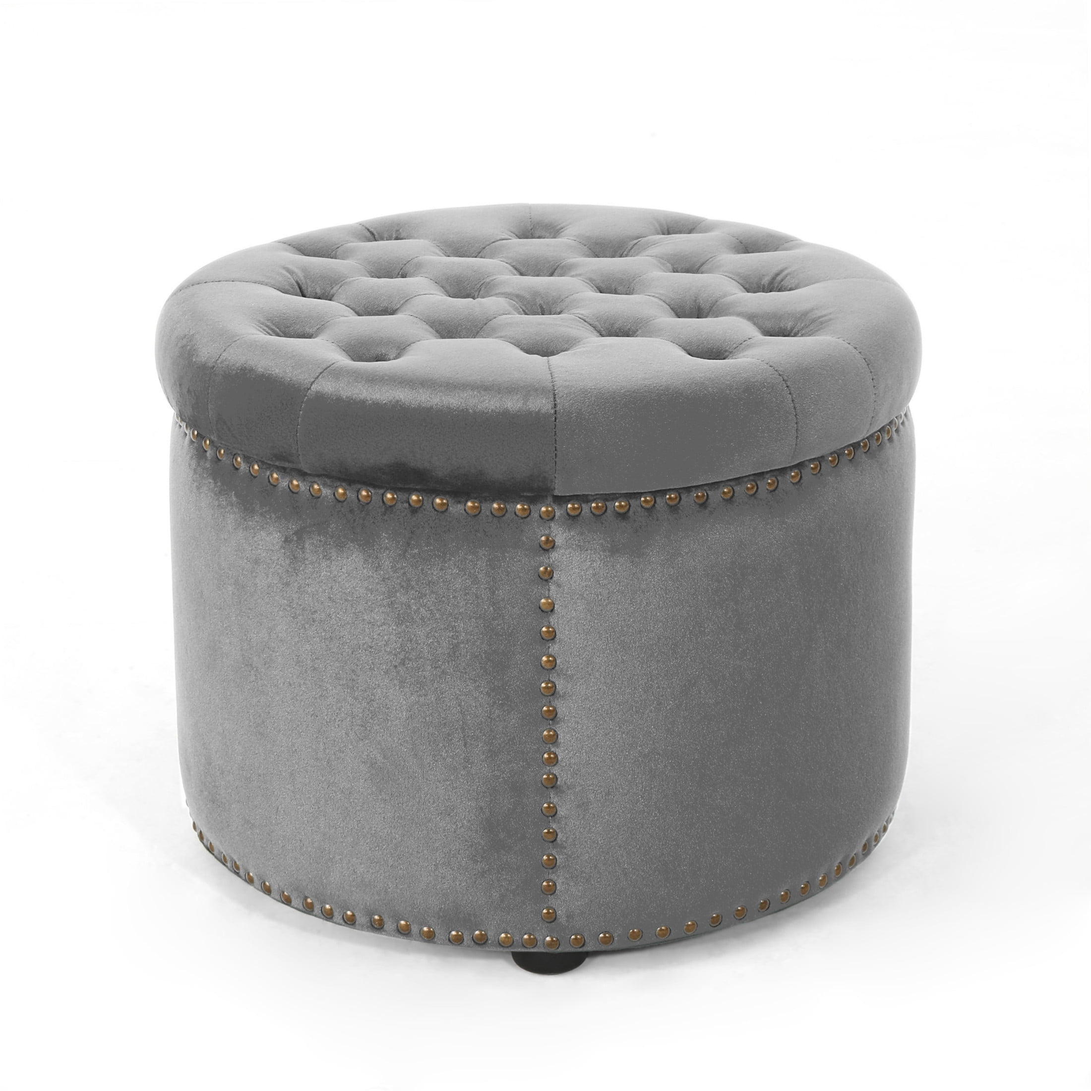 Leavitt Luxurious Emerald Velvet Round Ottoman with Studded Rim, Grey