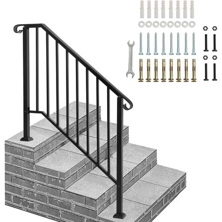 Outdoor Step Safety Railing, Black Wrought Iron for 3/4 Steps - Easy Install Handrail for Concrete & Wood