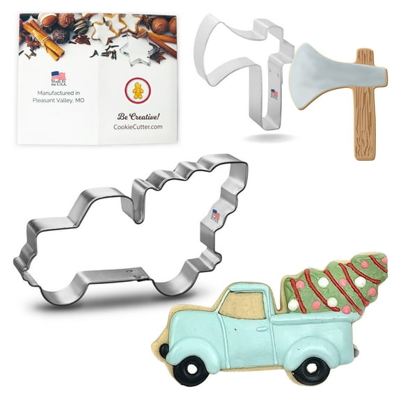 Mom, We Got A Tree! Cookie Cutter Set - 2 Pieces - 5 in Truck with Tree, 2.25 in Axe - Foose Cookie Cutters - US Tin Plated Steel HS0413