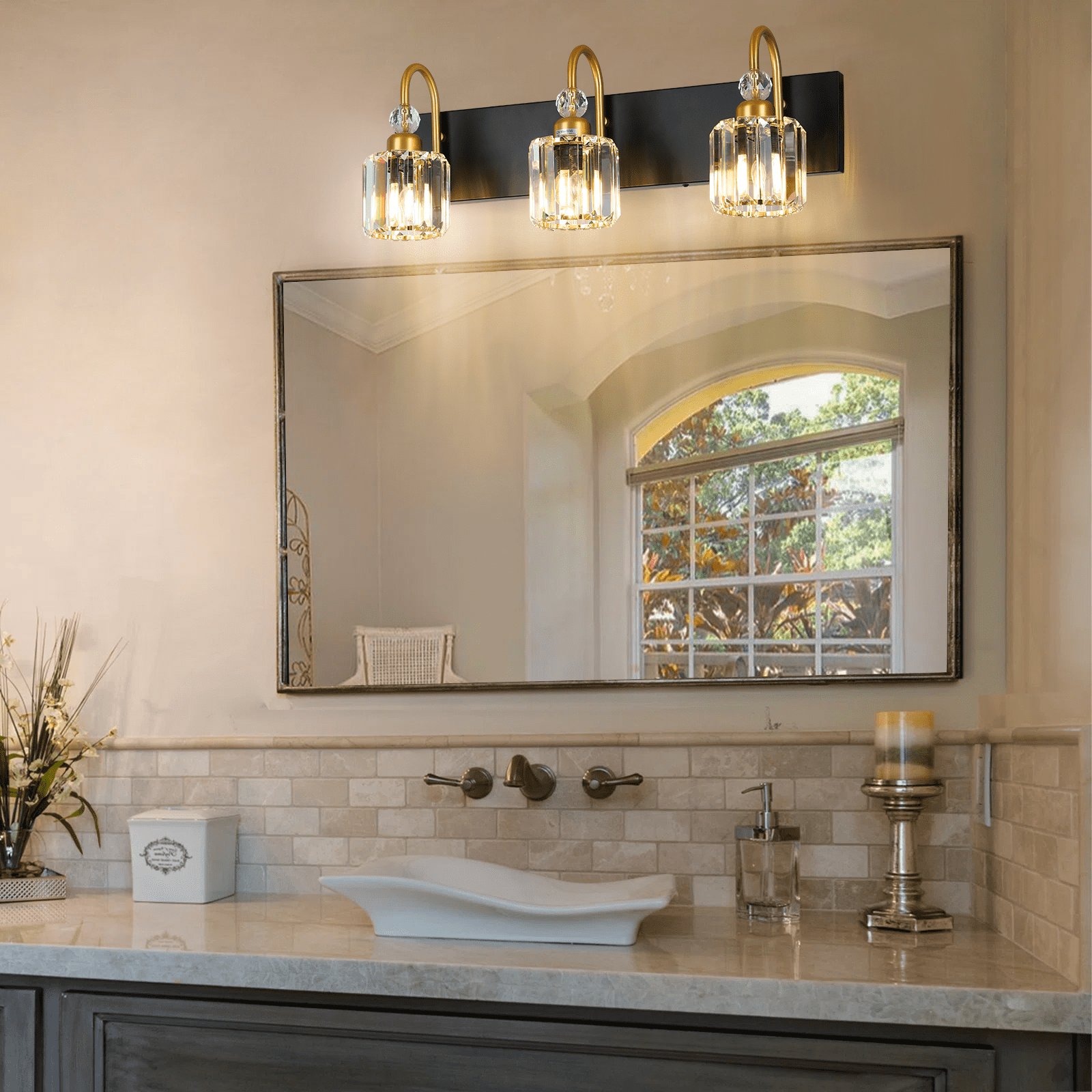 Bathroom Light Fixtures, 3 Light Modern Vanity Lights with Clear Crystal Shades, Wall Lamp for Mirror, 3 Bulbs Include