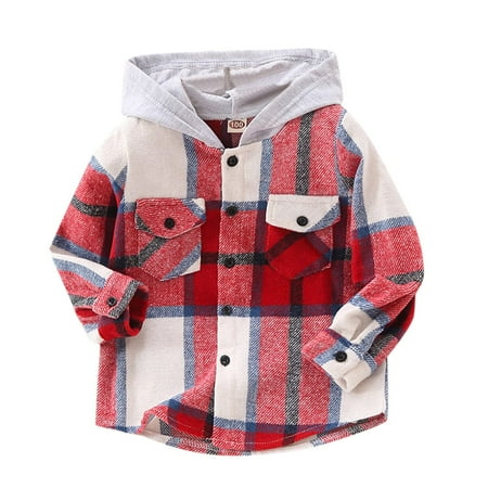 

EHTMSAK Toddler Baby Boy Pockets Fall Winter Outerwear Children Button Up Flannel Plaid Coat Hooded Long Sleeve Jacket Red 2Y-6Y 3Y