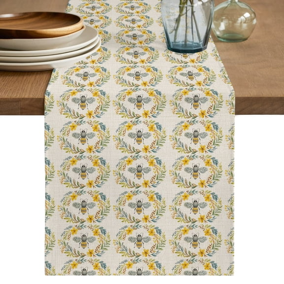 Table Runners 36 Inches Long Dress Scarves, Bees Floral Wreath Farmhouse Kitchen/Dining Table Decor Table Runner, Short Coffee Tablerunners, Summer Farmhouse Flowers Vintage 13x36 Inch