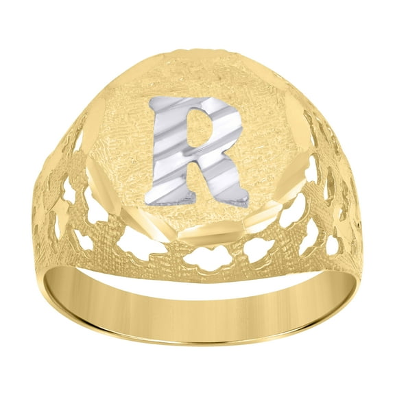10kt Two-Tone Gold Mens Diamond-Cut Textured Initial Letter R Band Ring