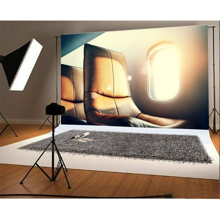 Image of ABPHOTO 7x5ft Photography Backdrop Aircraft Cabin Soft Leather Chair Window Lights Ray Bokeh Sequins Interior Romantic Travel Photo Background Backdrops