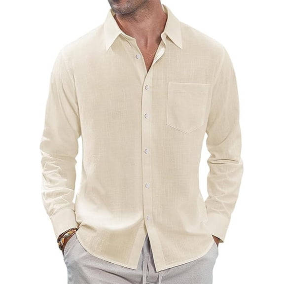 Cotton Linen Shirt for Men Henley Neck Solid Color Lightweight Breathable Slim Fit Single Breasted Shirt Long Sleeve Button Up Simple Fahion Shirts For Men