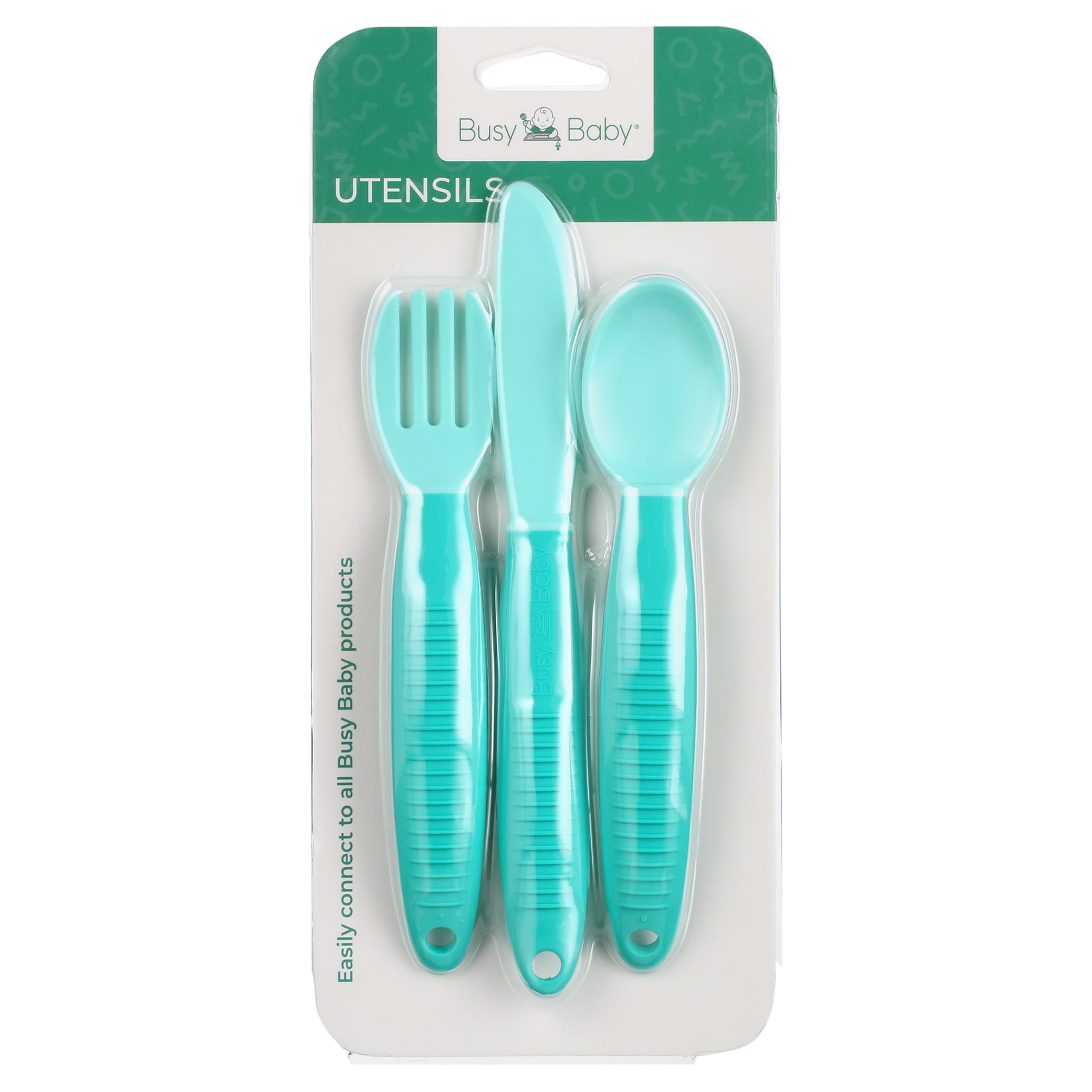 Busy Baby Silicone, BPA-Free Utensils for Babies and Toddlers, Fork, Spoon and Knife Set, Spearmint
