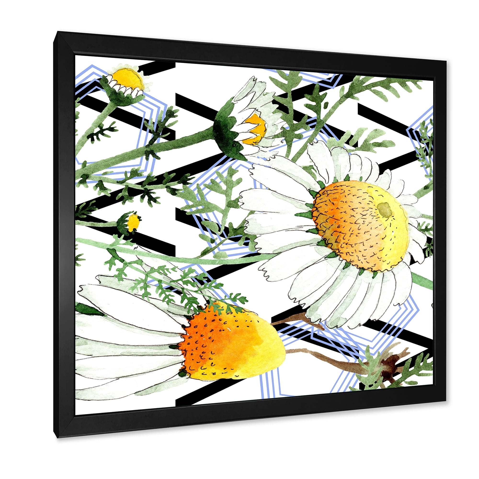 Wild Spring Chamomile Flowers On Geometric Lines 36 in x 36 in Framed Painting Canvas Art Print, by Designart