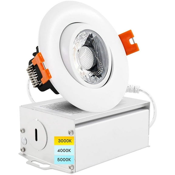 Luxrite 3 inch Adjustable LED Gimbal Recessed Light with J-Box 3 Color Selectable 8W=50W 600lm Dimmable Damp Rated