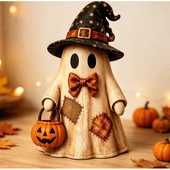 Rustic Halloween Ghost Tabletop Decor Vintage Patchwork Ghost Figurine Star Witch Hat Bow Tie and Pumpkin Bucket Accent for Indoor Counter Shelf Home Ornament (E)