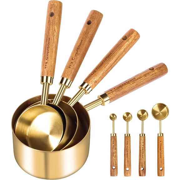 Gold Measuring Cups and Spoons Set, 8-Piece with Engraved Dual Measurements & Non-Slip Wood Handle, Premium Stainless Steel for Baking Cooking