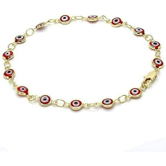 18K Womens Gold Filled High Polish Finsh Red Evil Eye Clasp Bracelet 7.5 Inch