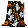 thumbnail image 2 of Cute Halloween Ghosts with Pumpkins Moons Stars and Spiderwebs, Playful Black Kawaii Art, Happy Pumpkin Motif Cozy Flannel Blanket, Halloween Gift for Kids Room Home Decor, 2 of 8