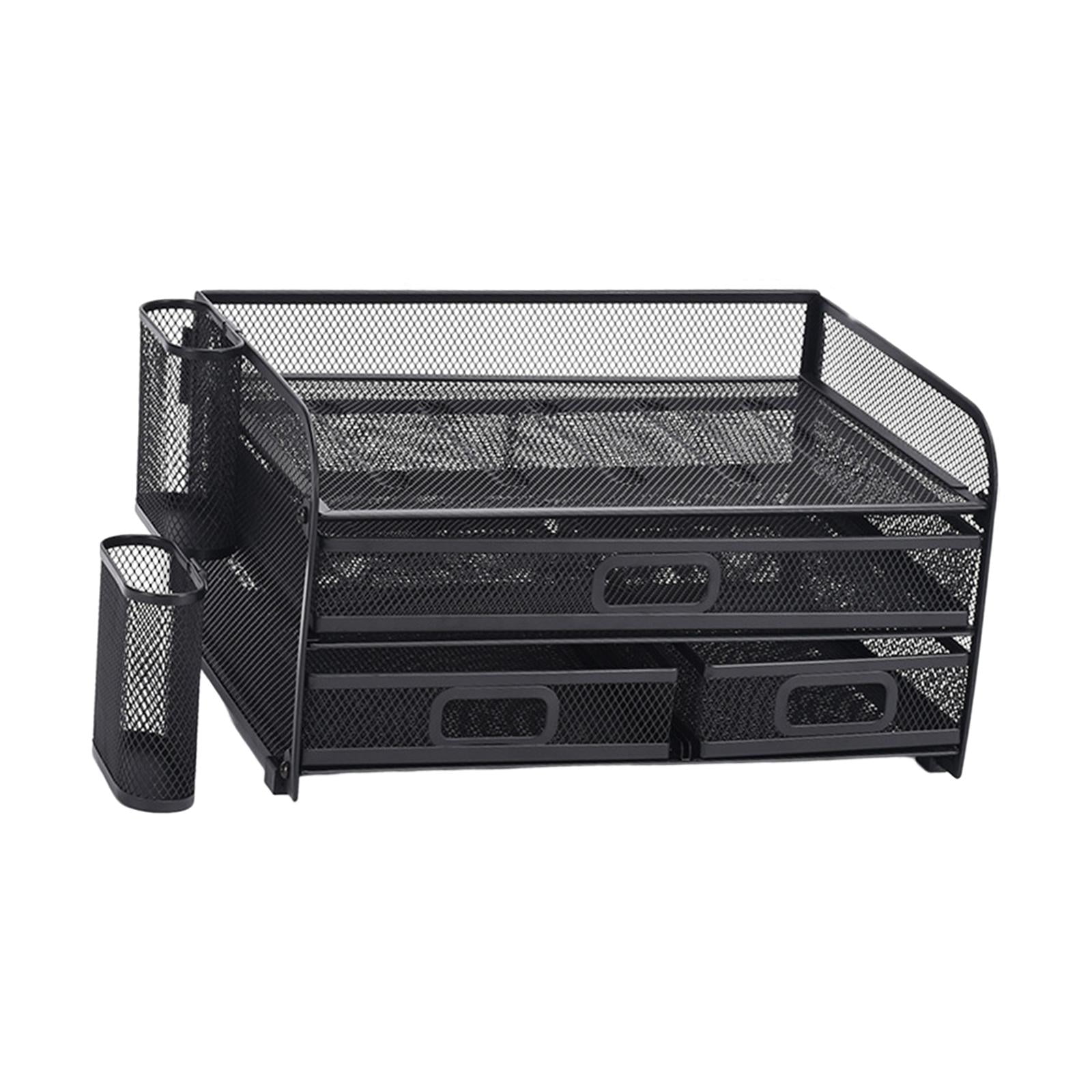 Desk Organizer File Holder Mesh Desktop File Sorter Organizer Office Accessories Organization Metal Folding Document File Tray Rack Desktop with Pencil Holders