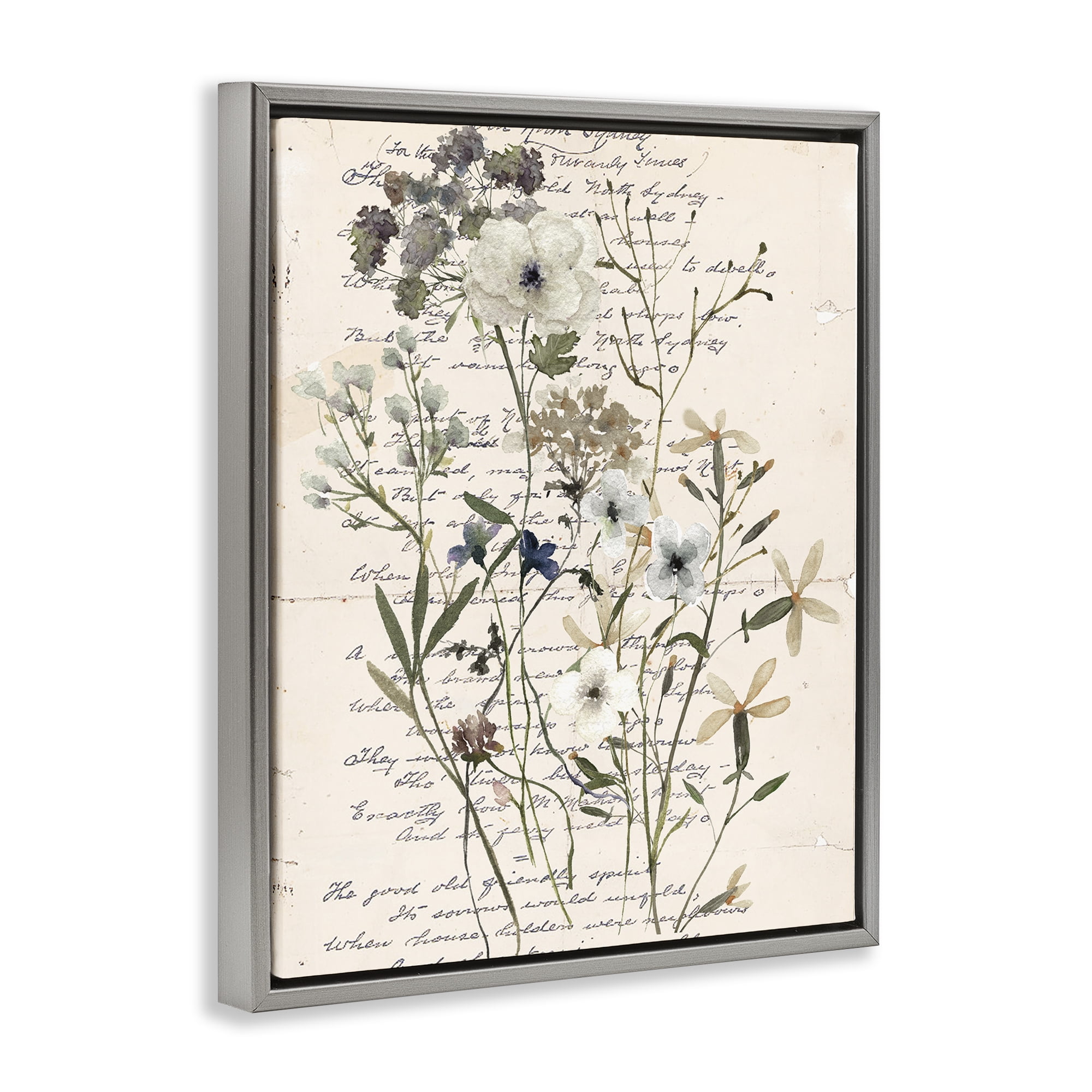 Stupell Industries Vintage Pressed Flowers Plants & Flowers Painting Gray Floater Framed Canvas Art Print Wall Art, 17 x 21