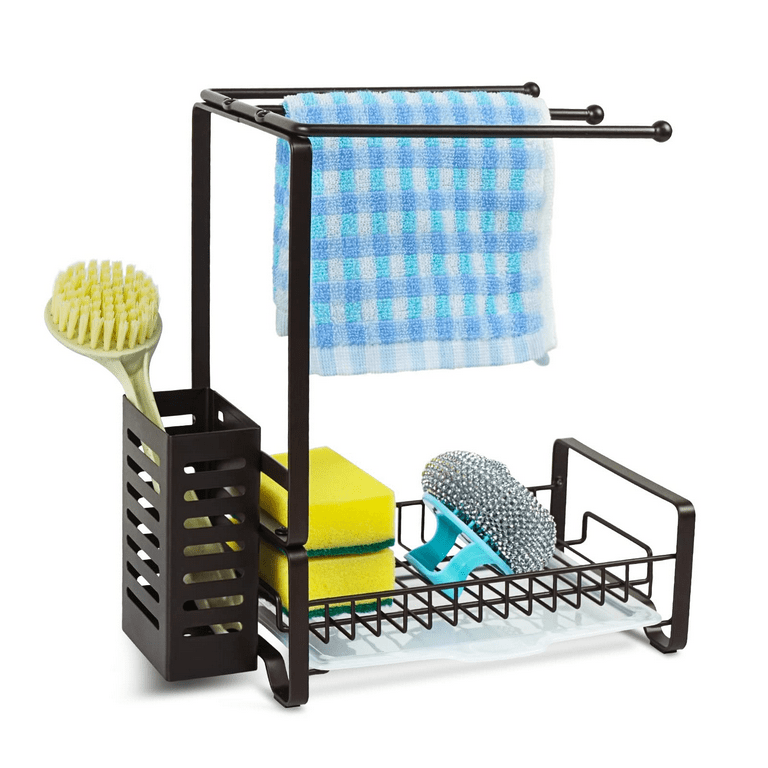 Kitchen Sink Organizer with Removable Drain Pan, Upgraded 3 in 1 Sponge  Holder for Sponge Scrub Dish Soap, Great for Countertops, Kitchen, Bathroom  Storage, Rust Resistant, Large Capacity, Black 