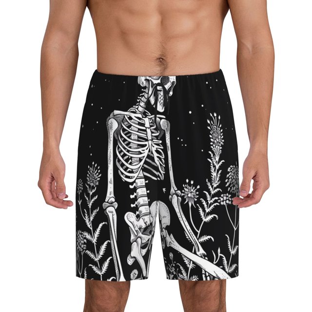 Fotbe Vintage Black white Plant skull Pantalones Cortos de Pijama para Hombre, Ropa de Dormir, Pantalones de Pijama Cortos para Hombre-Small