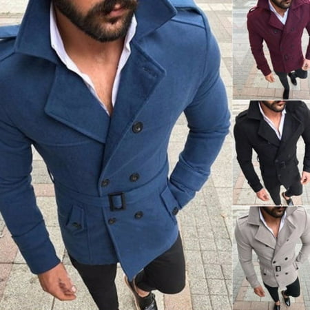 Fashion Men´s Woolen Warm Trench Coat Reefer Jackets Double Breasted Peacoat