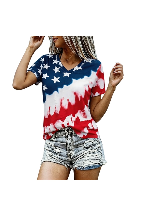 4th of July Shirts for Women Independence Day Patriotic Graphic V Neck Tee